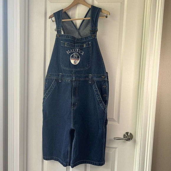 Vtg Y2K XL Unisex Adult Blue Overalls Nautica Spellout Carpenter Denim Short